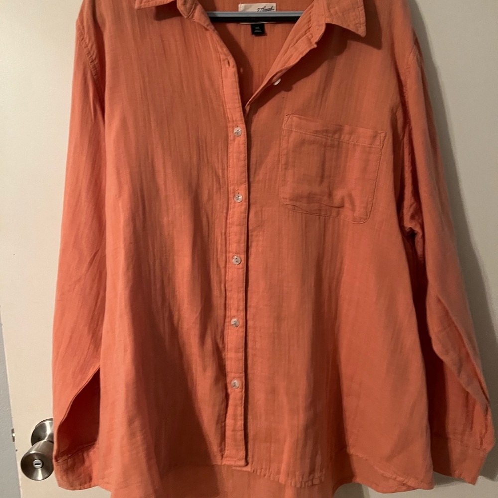 Category: long sleeve button down shirt. Color: orange. Size: xxl